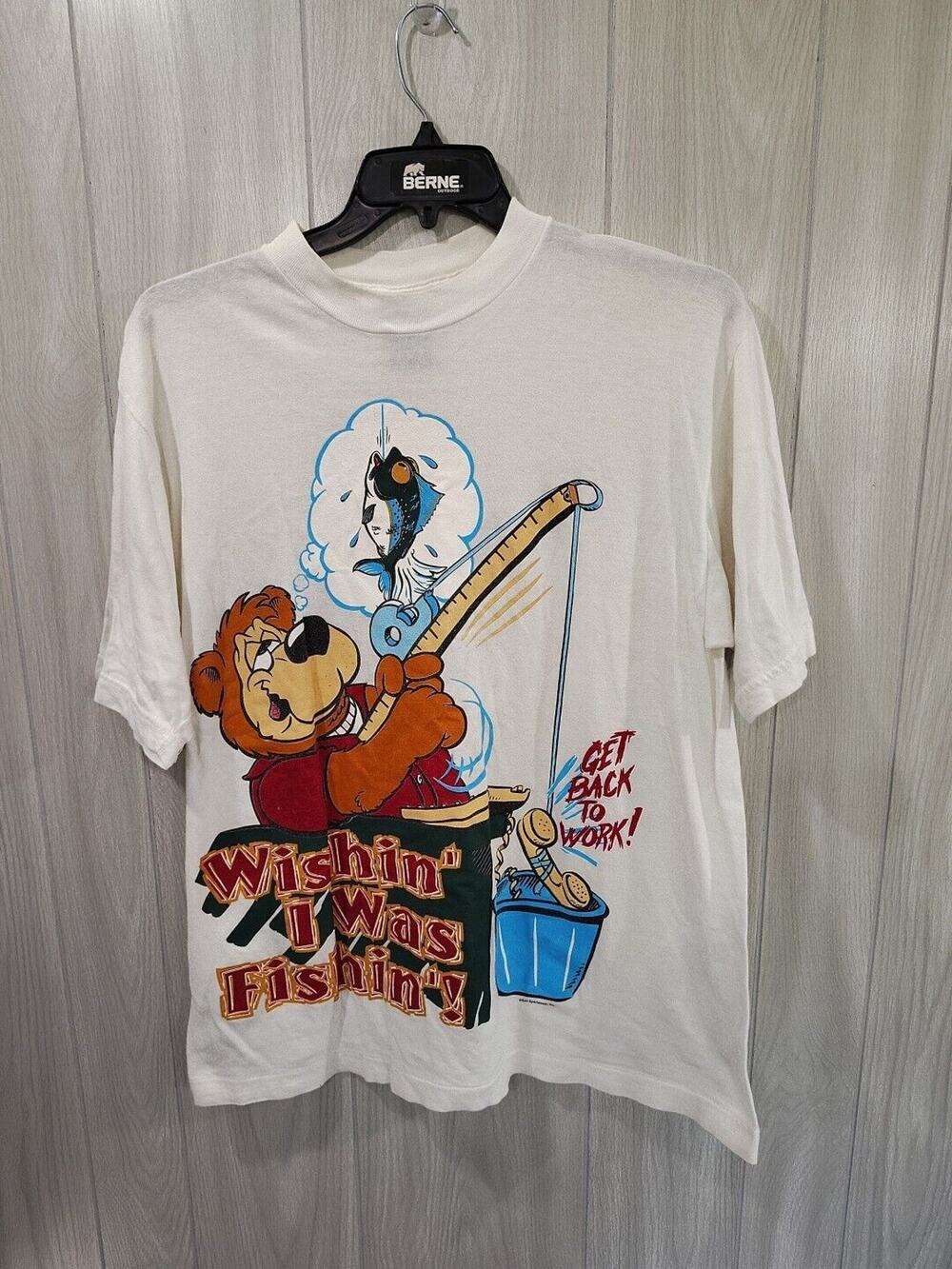 Vintage Spin Cycle Wishin I Was Fishin T-Shirt Size L Graphic T-Shirt Men's